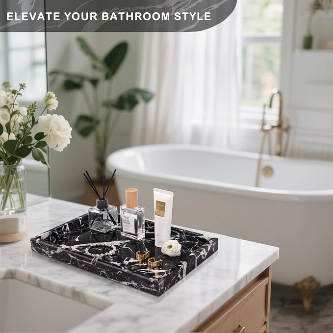 Marble Bathroom Tray for Countertop & Home Decor, Natural Decorative Marble Tray for Jewelry & Perfume Organizer, Luxury Stone Vanity Trays for Dresser, Kitchen Counter, 12" x 8", Black