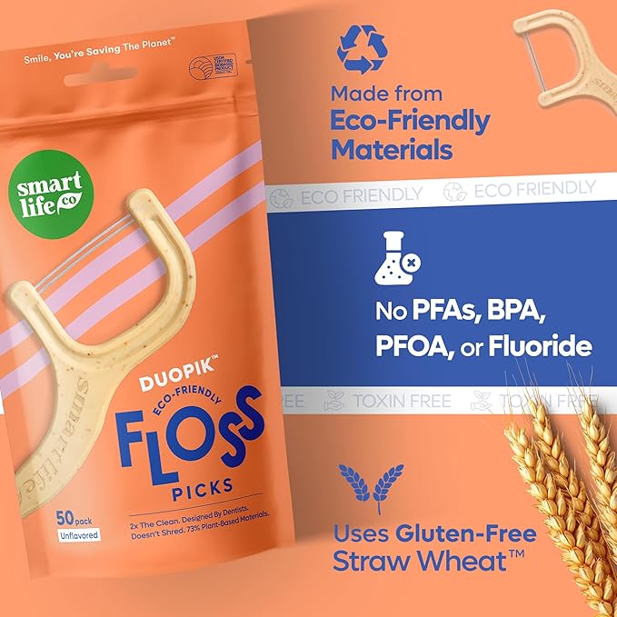 SmartLifeco Eco-Friendly Dual-Thread Dental Floss Picks (100ct) - Flossers Made with Straw Wheat Blend, Superior Anti-Shred for Tight Gaps, Tooth Pick Stick for Adults, Soft on Gum & Teeth, Unflavored