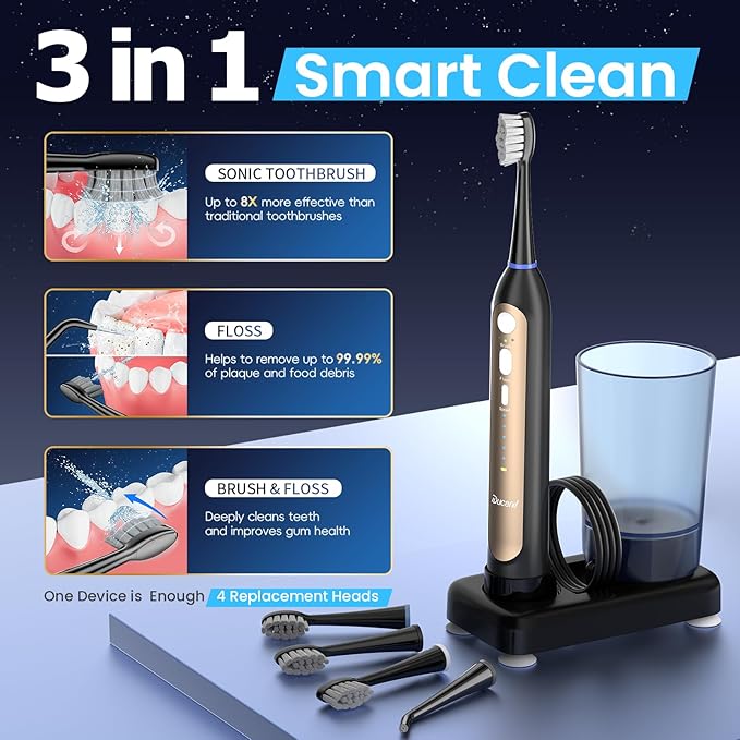 Electric Toothbrush with Water Flosser Combo- Wireless Charging Flossing Toothbrush- All in One Sonic Toothbrush with 3 Modes & 5 Flosses- Portable & Powerful Water Flosser for Teeth Cleaning,Travel