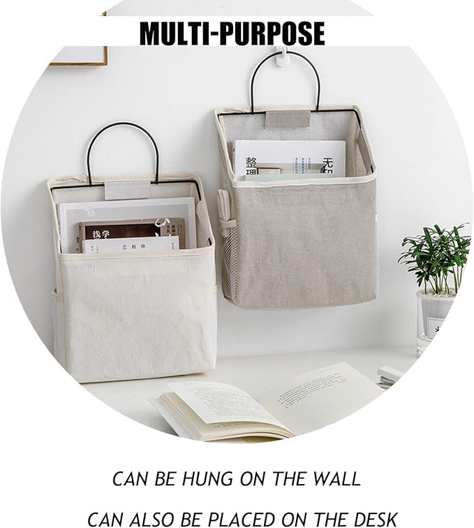 2 Pcs Wall-hanging Storage Bags,Desktop Organizer Basket Cotton Linen Hanging Storage Basket for Kitchen,Bderoom,Living Room (black)