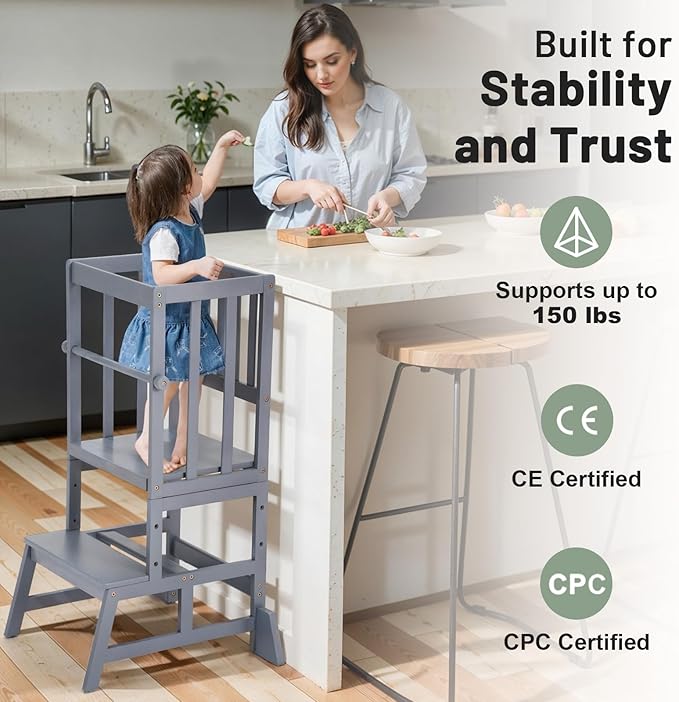 COSYLAND Toddler Standing Tower - Adjustable Height Toddler Kitchen Stool Helper - Kids Kitchen Step Stool for Learning with Removable Safety Railing Slate Gray
