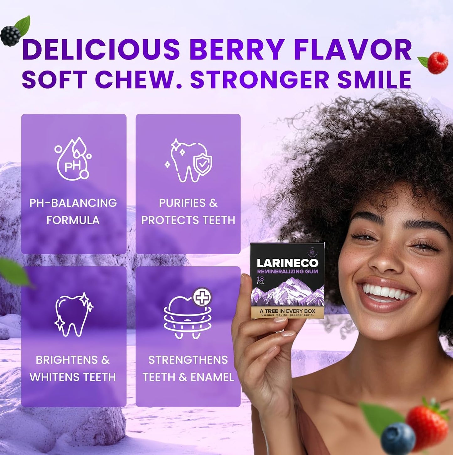 Larineco Remineralizing Gum with Nano Hydroxyapatite & Xylitol – Sugar-Free Cinnamon Xylitol Gum – Plastic-Free, Dye-Free, Aspartame-Free – Natural Base – 18 Pieces (18 Count (Pack of 2), Berry)