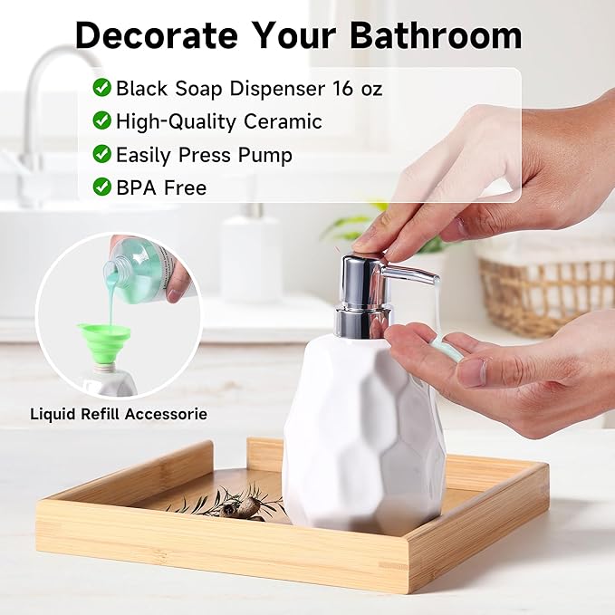 Ceramic Bathroom Accessories Set 4 PCS,Bathroom Toothbrush Holder Set,Soap and Toothbrush Holder Set,Include Toothbrush Holder,Soap Dispenser,Tumbler,Soap Dish,Bathroom Sets Decor Organizer (White)