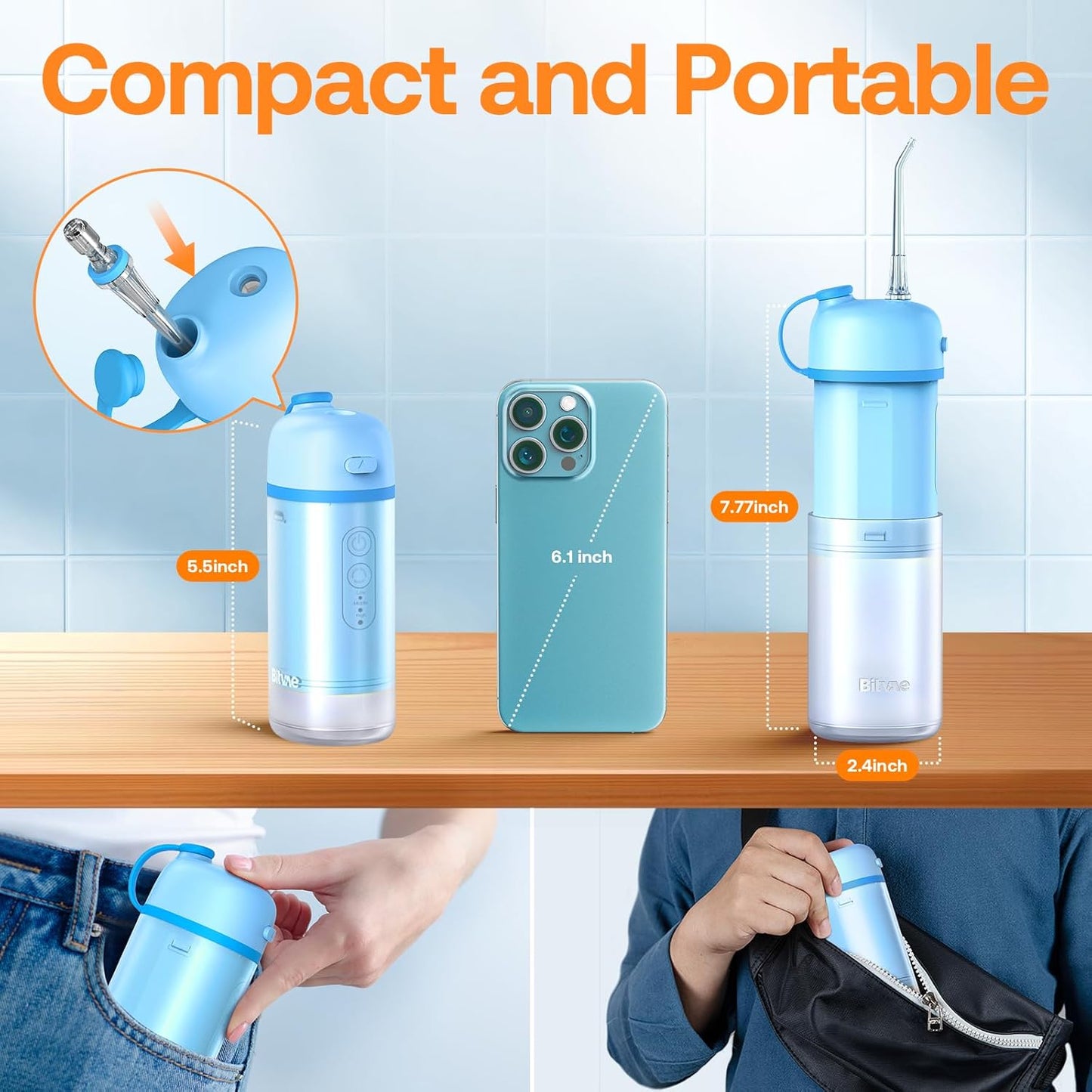 Bitvae P1 Water Dental Flosser, Travel Water Cleaner Picks, Cordless Mini Water Teeth Cleaners with Telescopic Water Tank, IPX7 Waterproof Oral Irrigator, Brace & Sensitive Teeth Care, Sky Blue