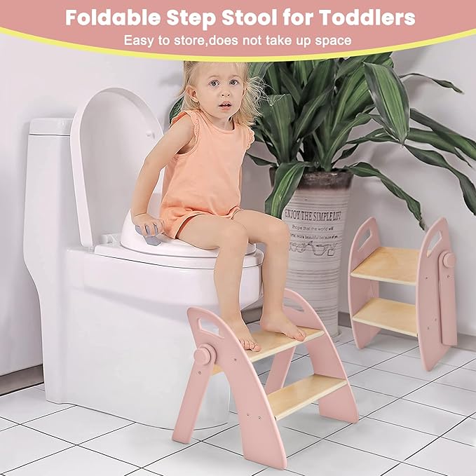 Wooden Step Stool, Two Step Stools, 300 lb. Load Capacity, with Safety Non-Slip Pads and Handles, Bamboo Step Stool for Bathroom and Kitchen, Children's Double Height Step Stools(Pink)