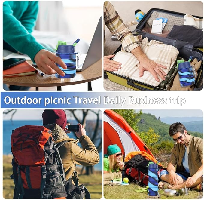 Silicone Collapsible Water Bottles, 16oz 500ml Portable Foldable Expandable Water Bottle Sports Cups, Leak Proof Reusable BPA Free, for Outdoor Activities Travel (2# Blue)