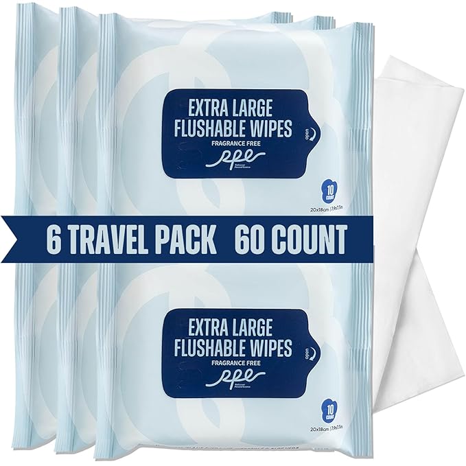 Flushable Wet Wipes - 6 Portable Travel Size Packs (60 Ct) - Unscented Extra-Large Body & Hand Tissue with Vitamin E & Aloe - For Adults, Kids & Children - Perfect for On-the-Go & Outdoor Use