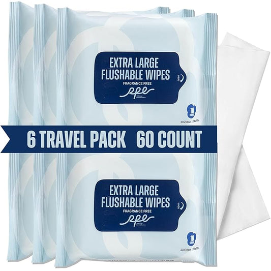 Flushable Wet Wipes - 6 Portable Travel Size Packs (60 Ct) - Unscented Extra-Large Body & Hand Tissue with Vitamin E & Aloe - For Adults, Kids & Children - Perfect for On-the-Go & Outdoor Use