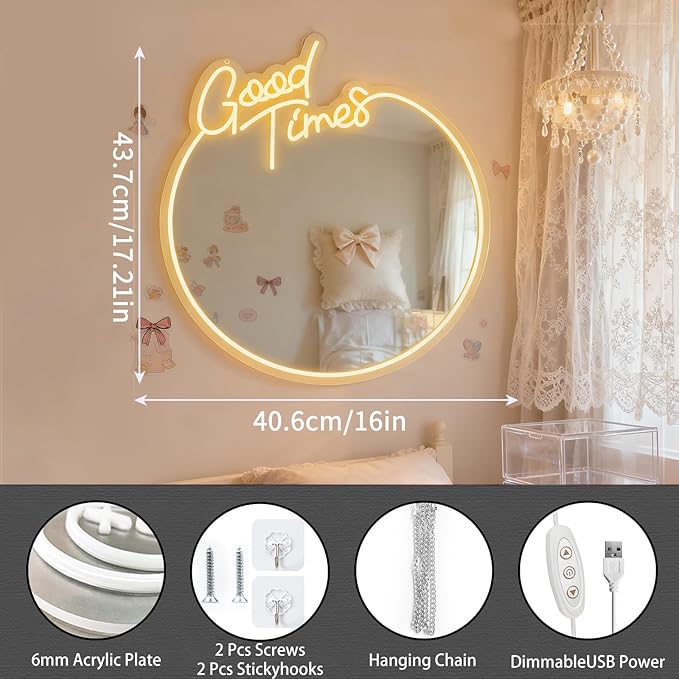 Good Times Neon Sign Mirror, Retro Dimmable Circle Wall Decor with Warm White Light, USB Powered Acrylic Mirror for Bedroom, Living Room