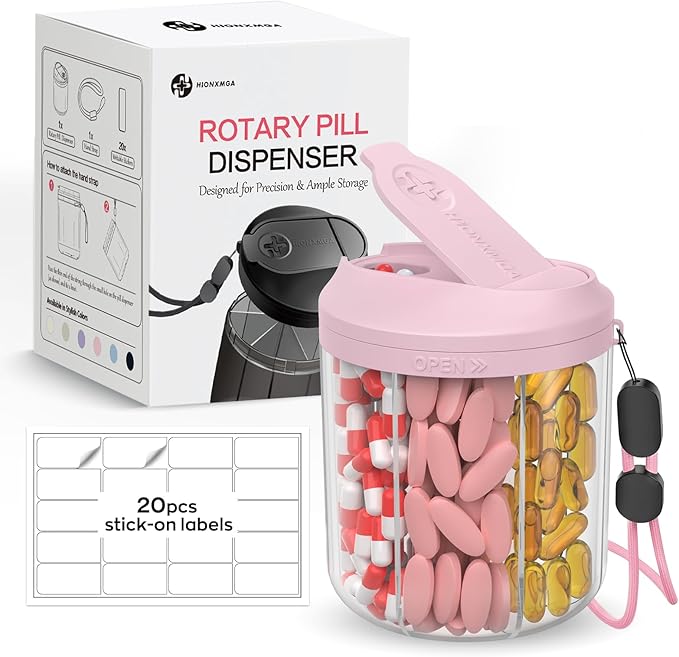 Pill Dispenser with 7 Large Compartments, Pill Organizer for Travel with Anti-Mixing Design, BPA-Free Pill Container with 20 Pcs Labels, Pink
