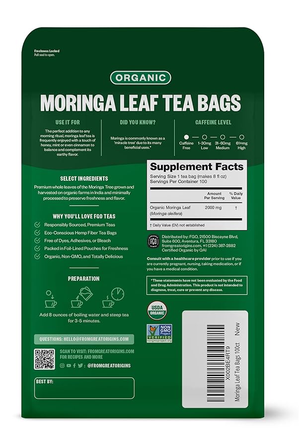 FGO Organic Moringa Tea, 100 Count, Eco-Conscious Tea Bags, Resealable Bag, Caffeine Free, Packaging May Vary (Pack of 1)