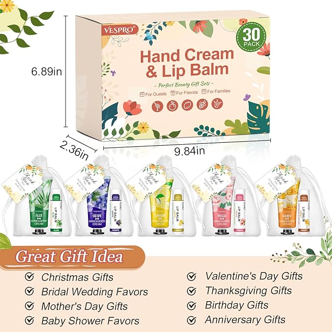 30 Sets Bulk Hand Cream and Bulk Lip Balm Gifts, Stocking Stuffers for Women, Wedding Favors for Guests with Thank You Card and Organza Bags, Christmas Gifts, Employee Appreciation Gifts