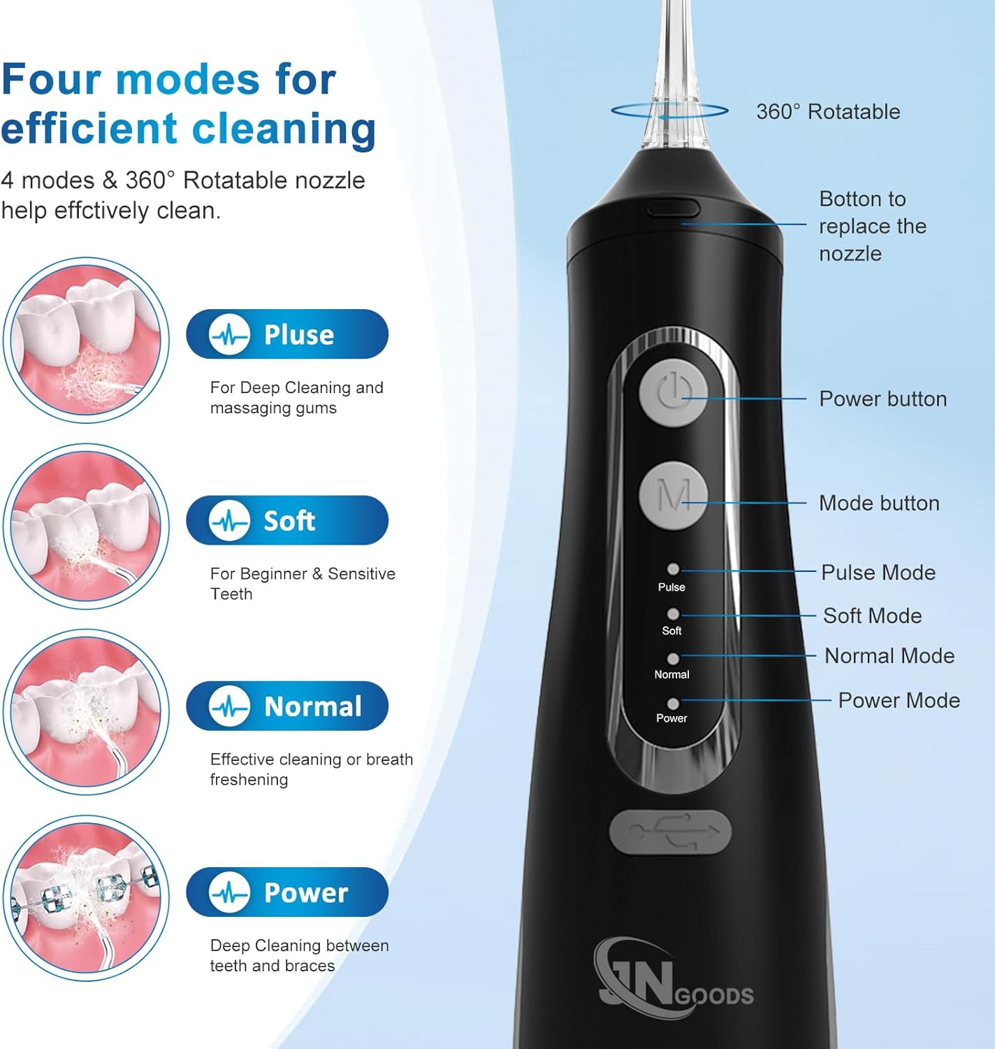 Cordless Water Dental Flosser Oral irrigator,JNGOODS 310ml Rechargeable Water flosser for Teeth IPX7 Waterproof 4 Modes Portable Irrigate with 4 Jet Tips,Travel Home use (Black)