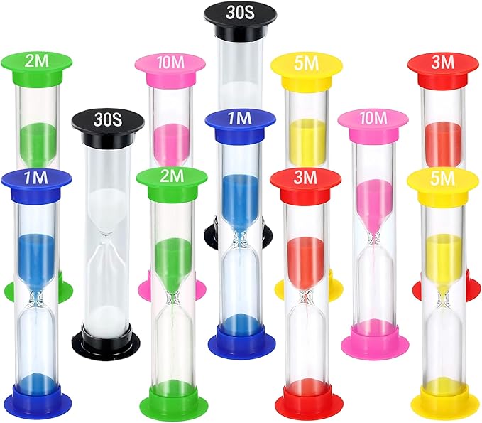Sand Timer for Kids Set of 12 Small Colorful (Multi) Hour Glass Acrylic Covered Clock - 2 Pcs Each for 30Sec 1Min 2Min 3Min 5Min 10Min for Classroom, Home & Kids Room