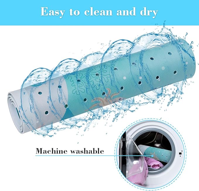 Bath Mat for Tub Non Slip, Machine Washable Anti-Slip Cartoon Baby Bathtub Shower Mat with Drain Holes and Suction Cups for Toddler & Kids (40 Inch x 16 Inch-Rectangular, 2-Whales)