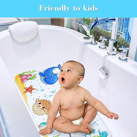 Bath Mat for Tub Non Slip, Machine Washable Anti-Slip Cartoon Baby Bathtub Shower Mat with Drain Holes and Suction Cups for Toddler & Kids (40 Inch x 16 Inch-Rectangular, New-Octopus)
