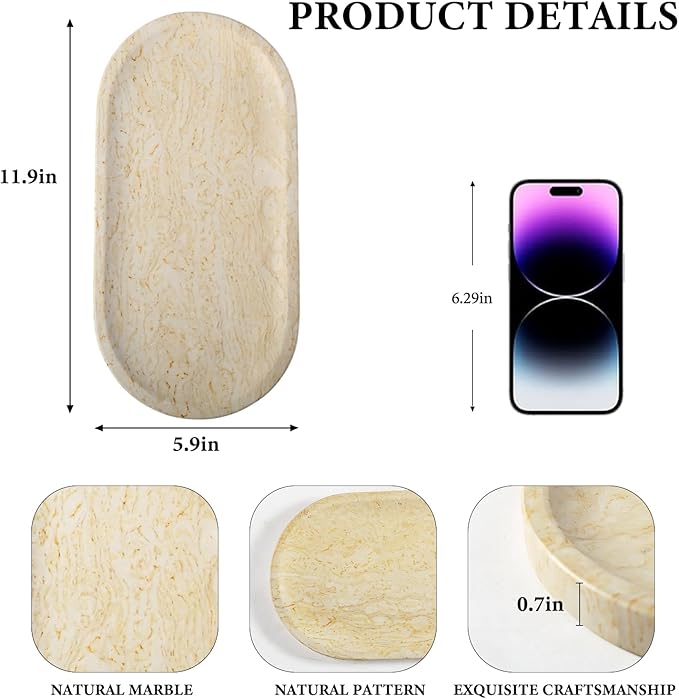 Koville Natural Marble Tray for Home Decor, 12"x6" Marble Vanity Tray for Dresser, Stone Perfume Organizer Jewelry Dish for Bathroom, Stone Catchall Storage Trays for Candles