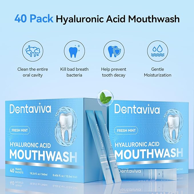 Travel Size Mouthwash – 40 Individual Packets – Dry Mouth Relief Strips with Hyaluronic Acid & Probiotics – Alcohol, Fluoride & Gluten Free – Xylitol Cavity Prevention | Travel Oral Care