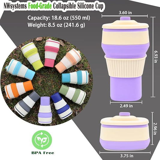 Collapsible Silicone Cup, Safe & Portable, for Hot & Cold Drinks, 18.6 oz (550 ml) - Travel, Camping, Office, and More – Lavender