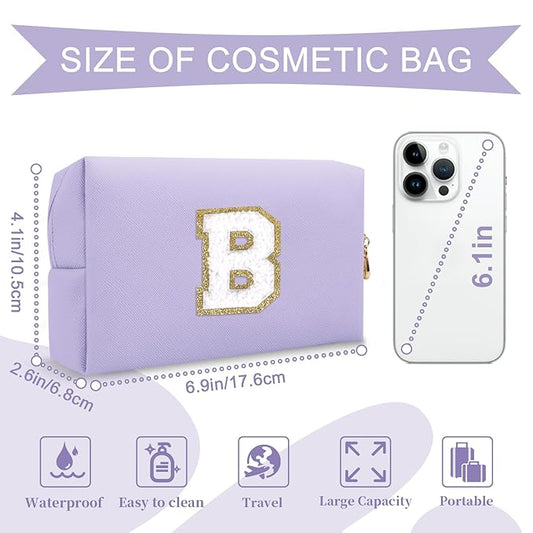 Personalized Makeup Bag Initial A-Z Preppy Patch Bag,Small PU Leather Travel Cosmetic Bag Pouch with Zipper,Purple Cute Toiletry Bag,Gift Ideal for Teen Girls Women Birthday Friend Mom,Latter B