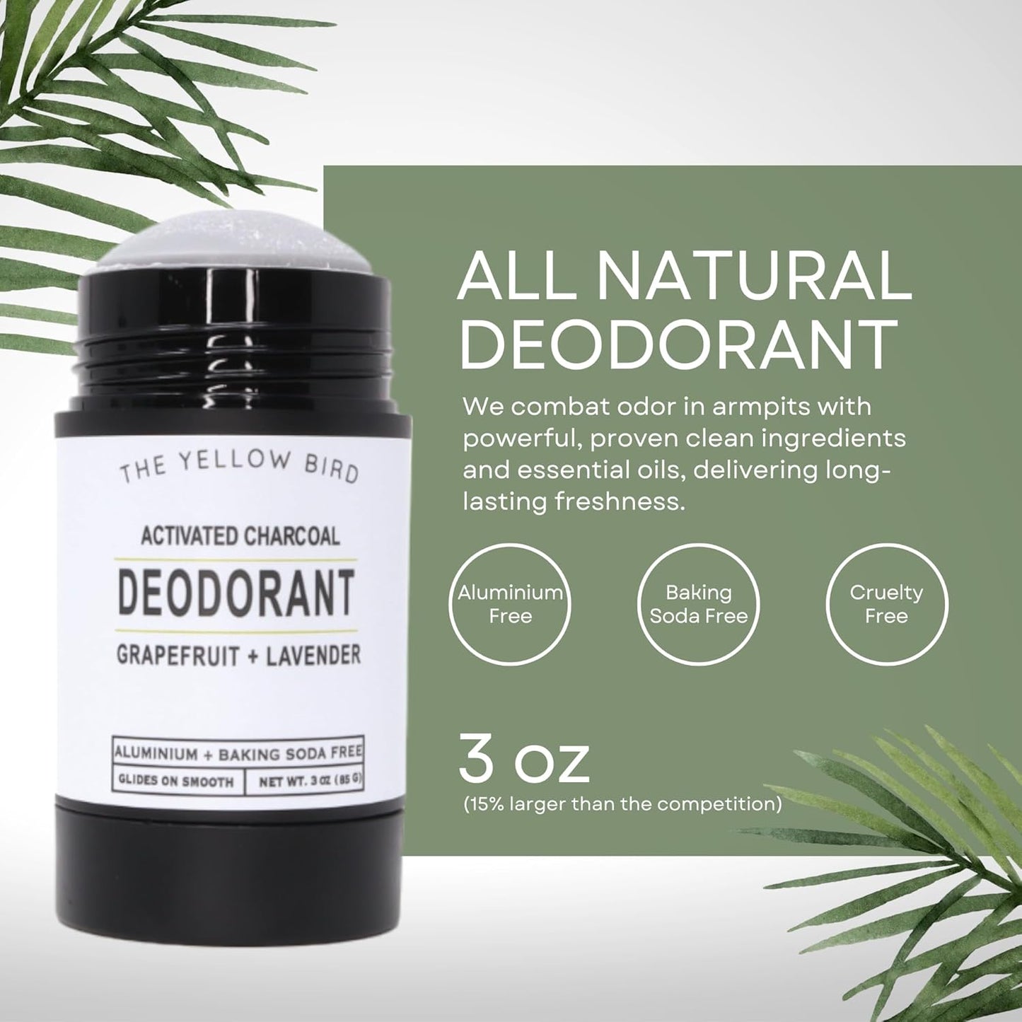 Natural Charcoal Deodorant - Baking Soda & Aluminum Free, For Men & Women, Sensitive Skin Friendly, Vegan, with Lavender, Grapefruit Essential Oils | 3oz | Made in USA