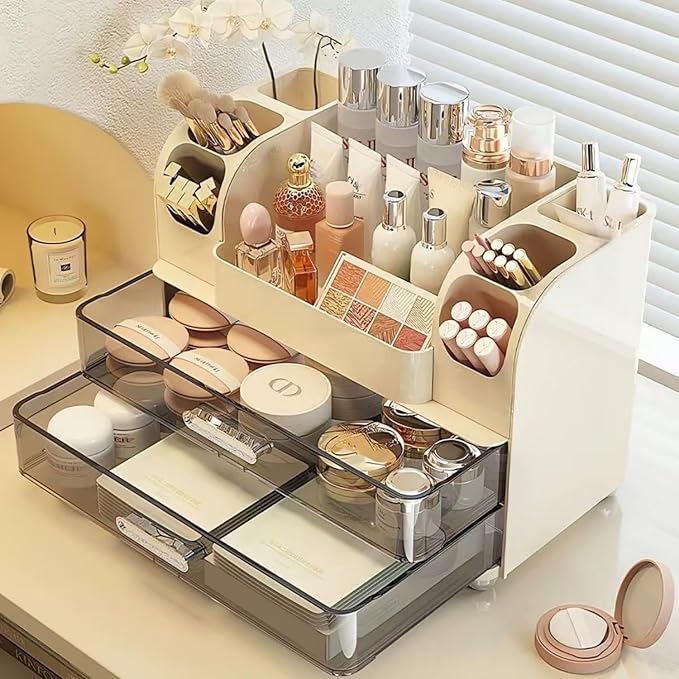 Makeup Organizer with Drawers for Vanity,Bathroom Countertop Organizer with Brushes Holder,Skincare Storage Organizer,Perfect Cosmetic Display Case for Skincare,Lipstick and Beauty Essential (Cream)