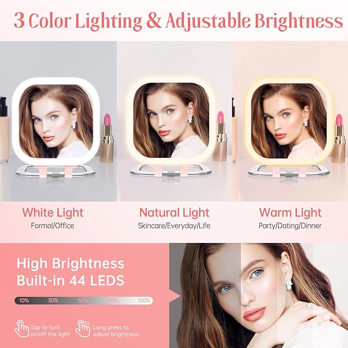 FASCINATE 20X Magnification Compact Travel Makeup Mirror with Lights and Magnification, 3.5 inch Portable 1X/20X Magnifying Mirror with 3 Color Light, Folding, Handheld (Pink)