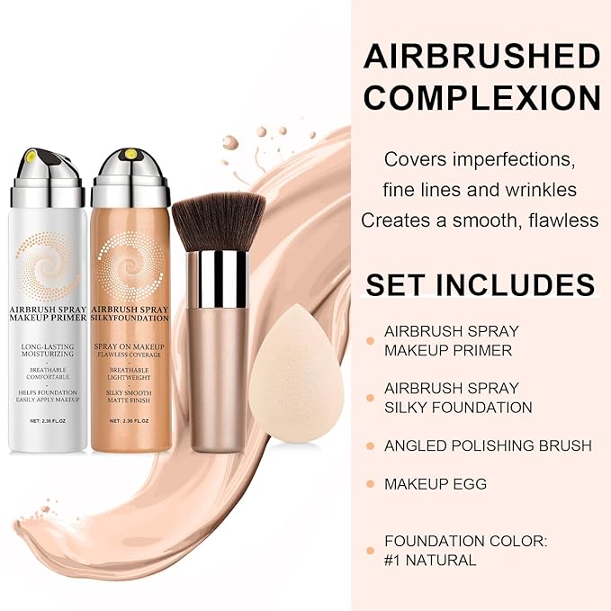 AirBrush Foundation Spray With Airbrush Primer, Silky Mist Foundation Spray Makeup, Full Coverage Foundation for Smooth Radiant, Formula Breathable Lightweight Hydrating (01 Natural)