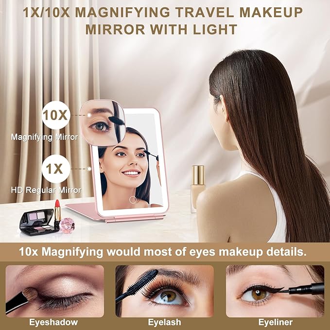 LED Foldable Travel Makeup Mirror - 5x7 inches 3 Colors Light Modes USB Rechargeable Touch Screen, Portable Tabletop Cosmetic for Travel, Cosmetic, Office (Rose Gold)