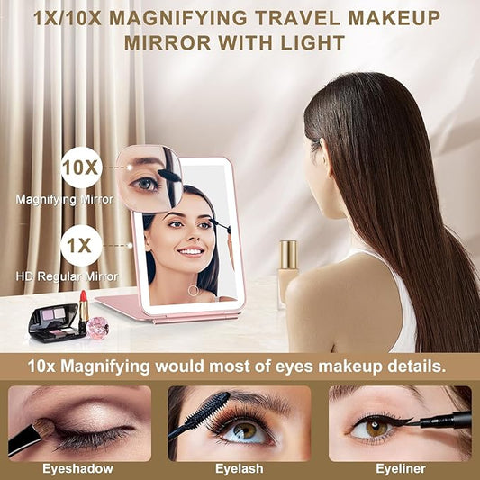 LED Foldable Travel Makeup Mirror - 5x7 inches 3 Colors Light Modes USB Rechargeable Touch Screen, Portable Tabletop Cosmetic for Travel, Cosmetic, Office (Rose Gold)