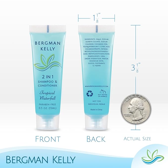 Bergman Kelly - Travel Size 2 in 1 Shampoo & Conditioner - 0.5 fl oz, 200 PK, Tropical Waterfall - Delight Your Guests w/Invigorating & Refreshing Shampoo Amenities - Small Hotel Toiletries in Bulk