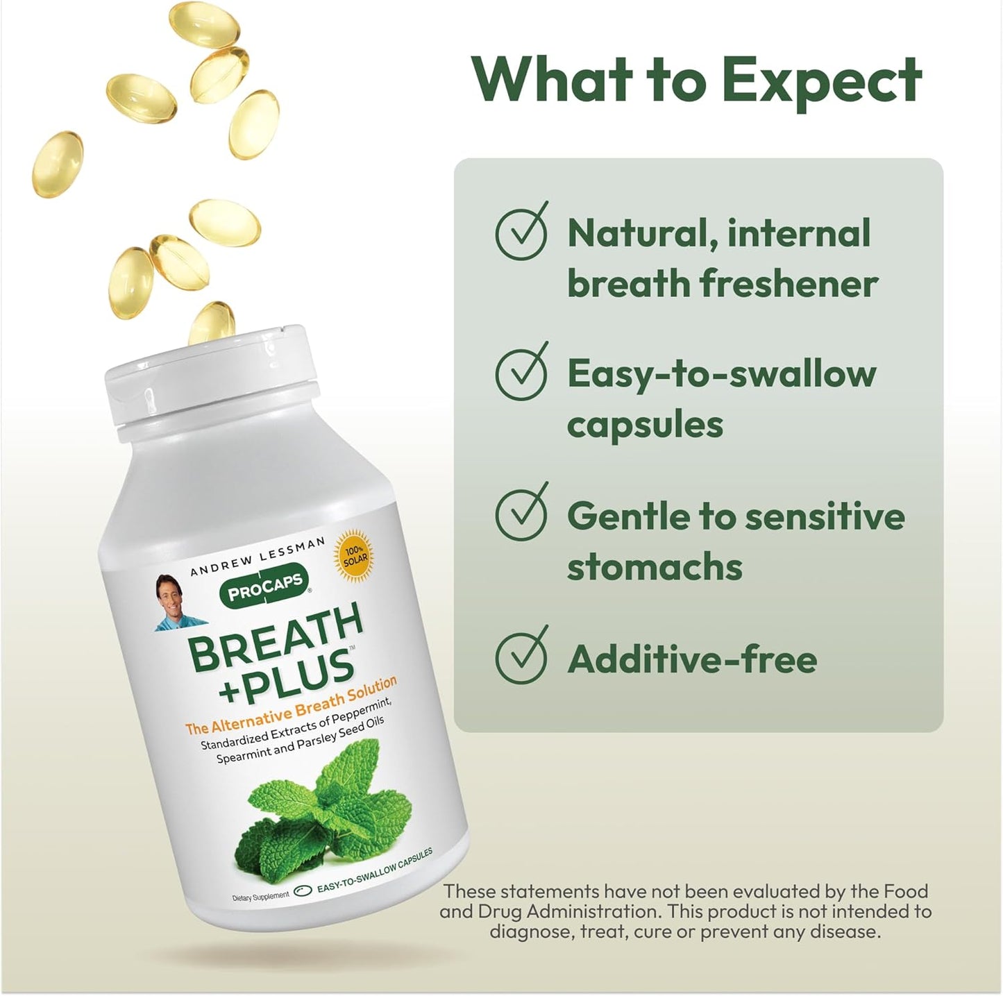 ANDREW LESSMAN Breath Plus 360 Softgels - Natural Breath Freshener, Helps Eliminate Odors from Food, Smoking, Morning Breath from The Inside Out. Peppermint, Spearmint. Easy to Swallow Softgels