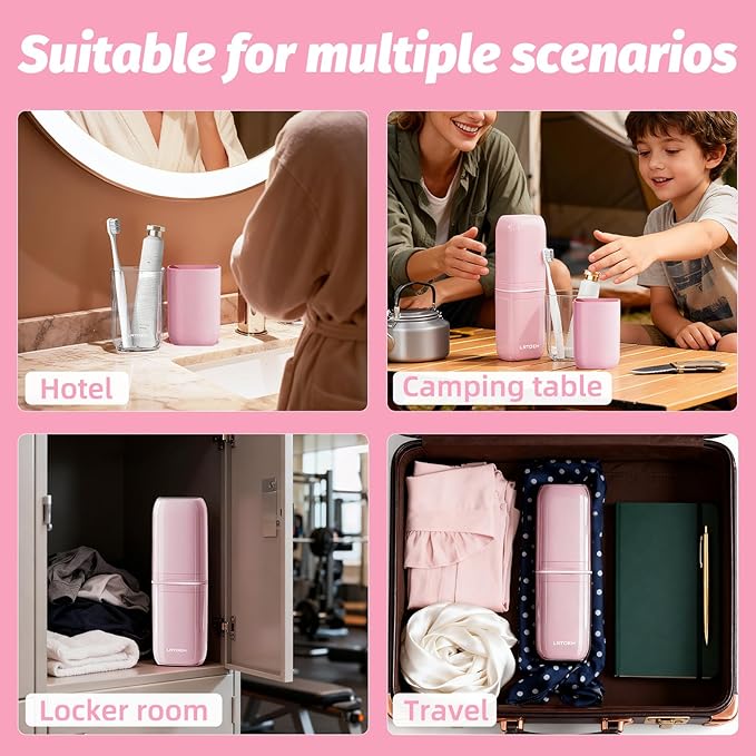 Toothbrush Cup Travel Case, Portable Toothbrush Travel Container Separates into 4 Cups, Tooth Brush Holders with Cover, Toothpaste Storage for Camping, Business Trip, School (Pink)
