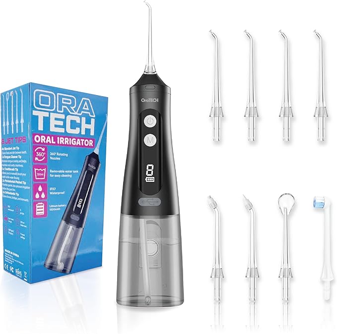 OraTECH Water Dental Flosser, Portable Cordless Oral Irrigator 350ML Rechargeable Travel IPX7 Waterproof Electric Flossing for Teeth Cleaning (Black)