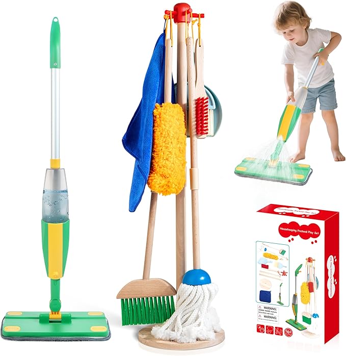 Wooden Kids Cleaning Set with Spray Mop, Montessori Cleaning Toys Real Water Sprayer and Toddler Broom Mop Set, Housework Pretend Play Toy Gift for Boys Girls Ages 3+