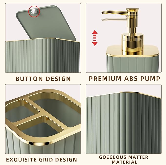 26PC Bathroom Accessories Set - Gorgeous Sage Green Bathroom Set, Bathroom Accessory Set, Shower Curtain Set with Bathtub Mats for Shower Tub, Trash Can & Soap Dispenser