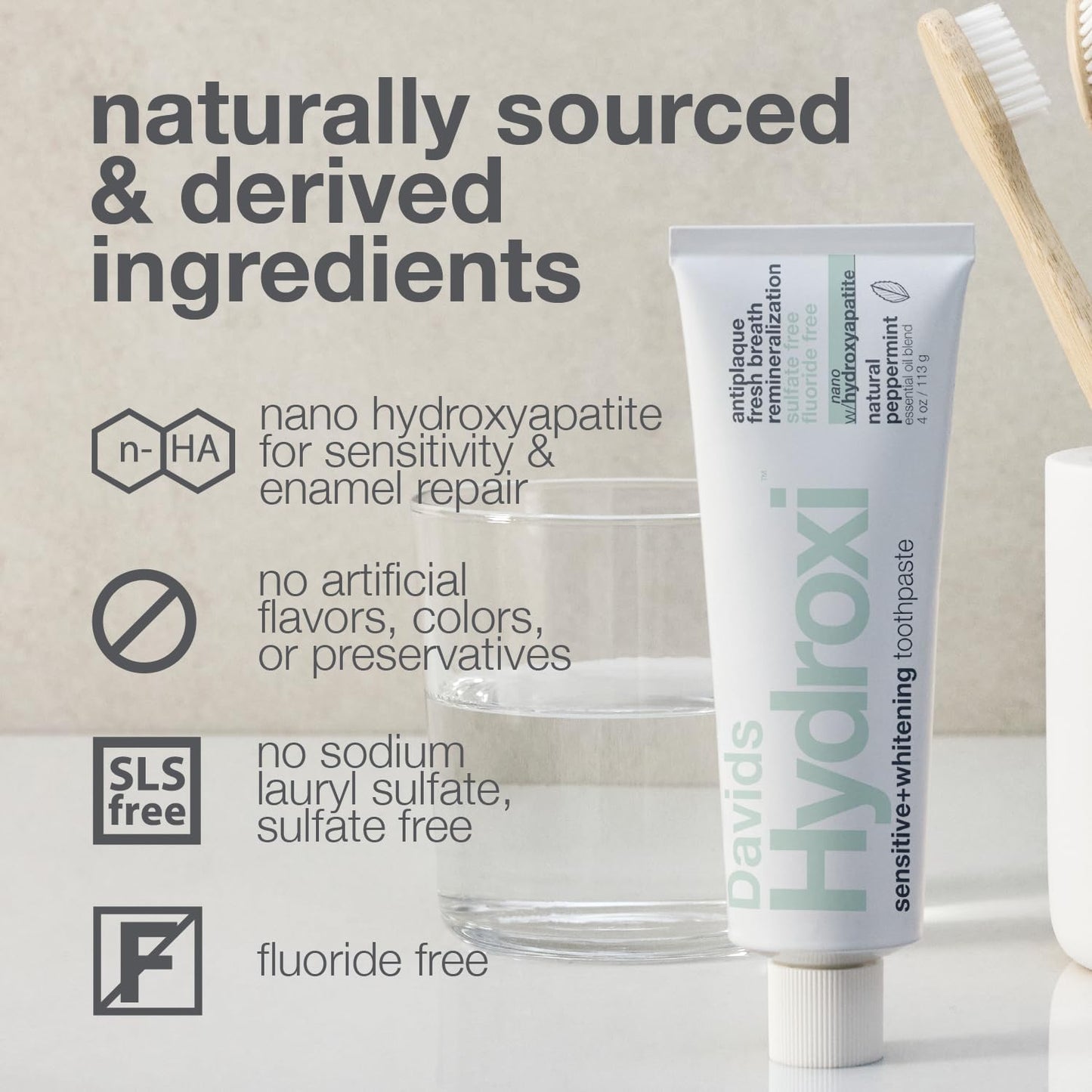 Davids Hydroxi Fluoride Free Nano Hydroxyapatite Toothpaste for Remineralizing Enamel & Sensitive Relief, Whitening, Antiplaque, SLS Free, Natural Peppermint, 4oz, Made in USA (3 Pack)