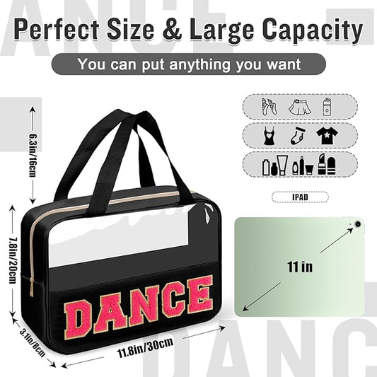 Dance Bag for Girls Chenille Letter Clear Makeup DANCE Stuff Bag,Toddler Dance Recital Gifts Ballet Cosmetic Zipper with Handle,Dance Competition Must Haves Accessories Toiletry Storage(DANCE-Black)