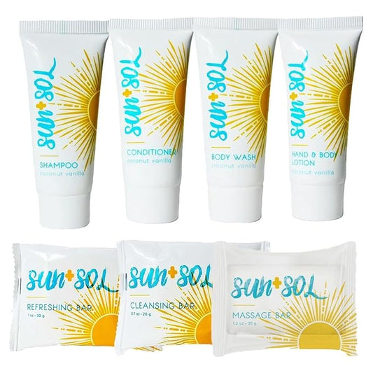 World Amenities - Sun + Sol Mini Size Hotel Toiletries Bathroom Kit | Warm Coconut & Vanilla | Shampoo, Conditioner, Body Wash, Lotion, Cleansing Bar, Refreshing Soap Bar and Moisturizing Massage Bar