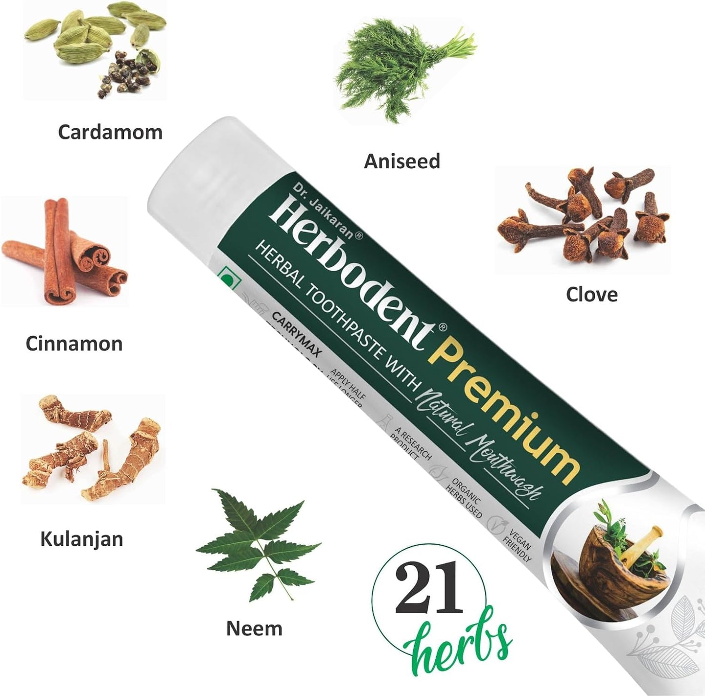 Herbodent® Premium Toothpaste - 5.82 Oz Pack of 1 | 21 Herbs for Strong Teeth & Healthy Gums- Neem, Clove, Cinnamon, Cardamom with Natural Mouthwash-No Paraben, No Fluoride, No Saccharin, No Triclosan
