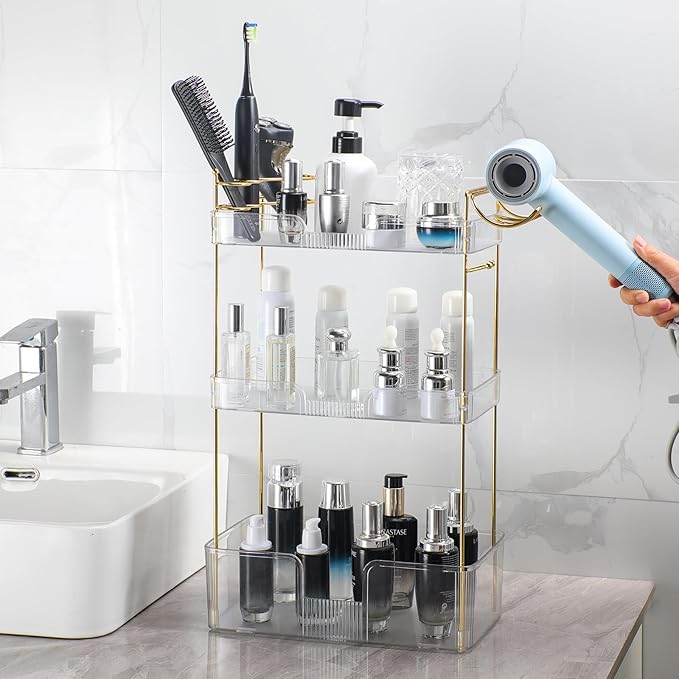 3 Tier Bathroom Organizer Countertop Makeup Perfume Tray Skincare Organizer Comes with Hair Dryer Rack and Toothbrush Holder for Bathroom Dresser Vanity (White)
