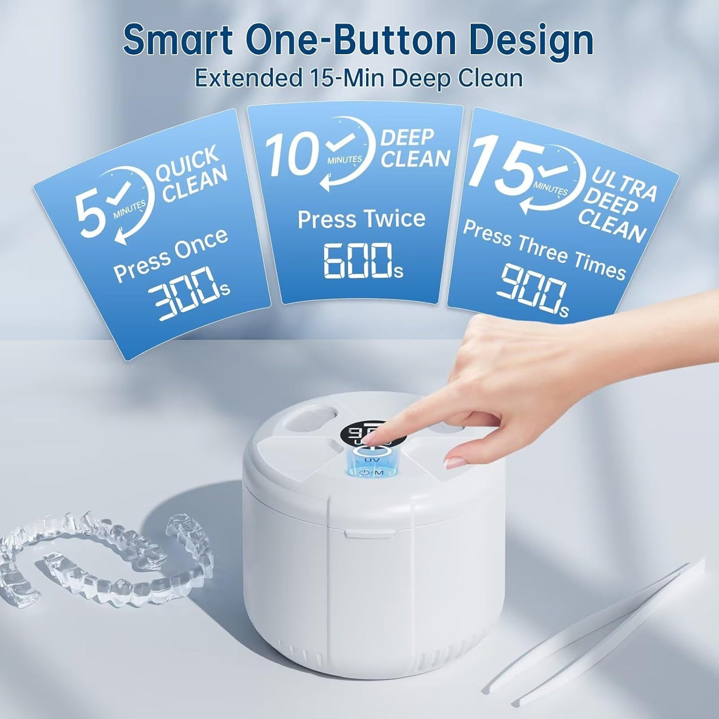 Ultrasonic Retainer Cleaner Machine, 45kHz Dental Cleaning Pod for Dentures, Aligners, Mouth Guards, Night Guards, Jewelry, Toothbrush, 5/10/15-Minute Timer, 200ML