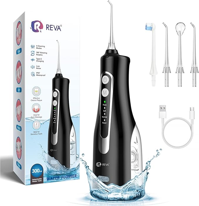 Cordless Oral Irrigator - 4 Modes Water Flosser for Teeth Cleaning, 300ML Reservoir, 360° Nozzle, IPX7 Waterproof, 2000mAh Rechargeable Battery, 4 Jet Tips, Smart Memory Function (M149 - Black)