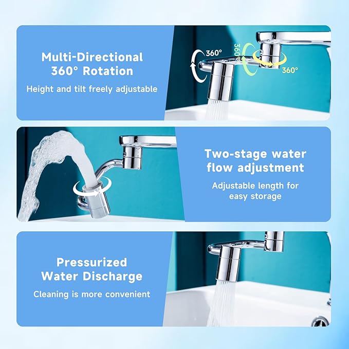 Universal Sink Faucet 1440° Rotatable Faucet Aerator Extender, U-Shaped Faucet Extender for Toddlers, Flexiflow 1080° Rotating Faucet Extender - 2 Modes Adjustable for Bathroom Sinks/Kitchens (Silver)