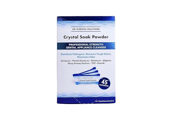 Dr. B Dental Solutions Powder Crystal Soak Cleanser, Ideal for Oral Appliances, Dentures, Night Guards, Retainers, Aligners, and Sleep Apnea Devices - 45 Packs Included (Single Pack)