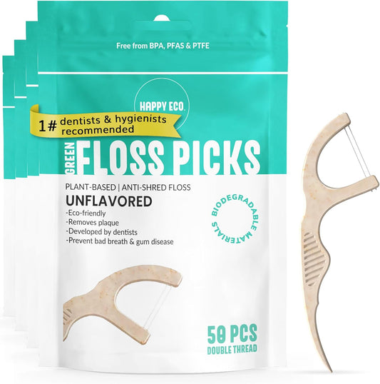 Floss Picks Biodegradable (200pcs) - Plant Based Dental Floss Picks, Natural Flossers for Adults & Kids, Nontoxic Vegan Tooth Pick Flossers & Eco Floss Sticks - Double Thread Unflavored