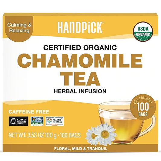 HANDPICK, Organic Chamomile Tea Bags (100 Herbal Tea Bags) Caffeine Free| Premium Floral Chamomile Herbal Tea in Eco-Conscious Teabags | Direct from Source