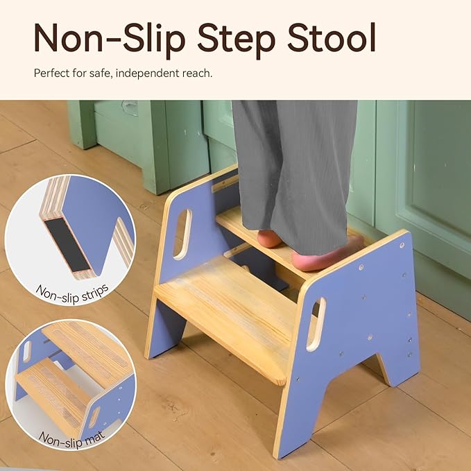 Wingyz Toddler Step Stool with Handles, Wooden Kids Step stools, Durable 3-Level Height Adjustable Stepstool for Bathroom Sink, Kitchen, Bedroom,Potty Training