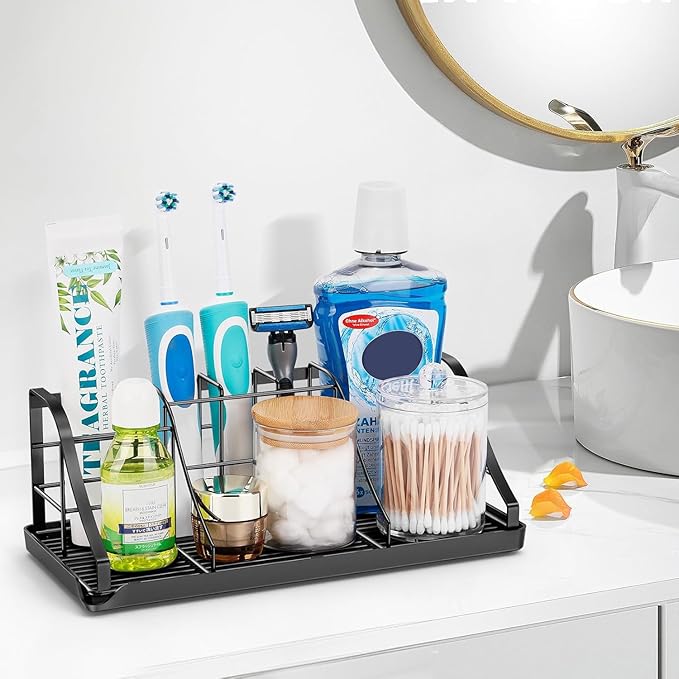 Bathroom Countertop Organizer - Detachable 7 Slots Kids Electric Black Toothbrush and Toothpaste Holder Drainage Tray for Bathroom Accessories Organization Counter Vanity Sink Storage