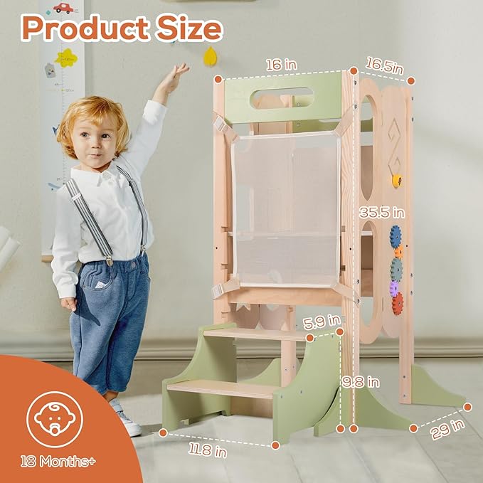 6 in 1 Toddler Tower with Removable Ladder, Foldable Wooden Kitchen Step Stool for Kids, Adjustable Children Helper Tower for Baby, Standing Tower with Safety Equipment and Black Board